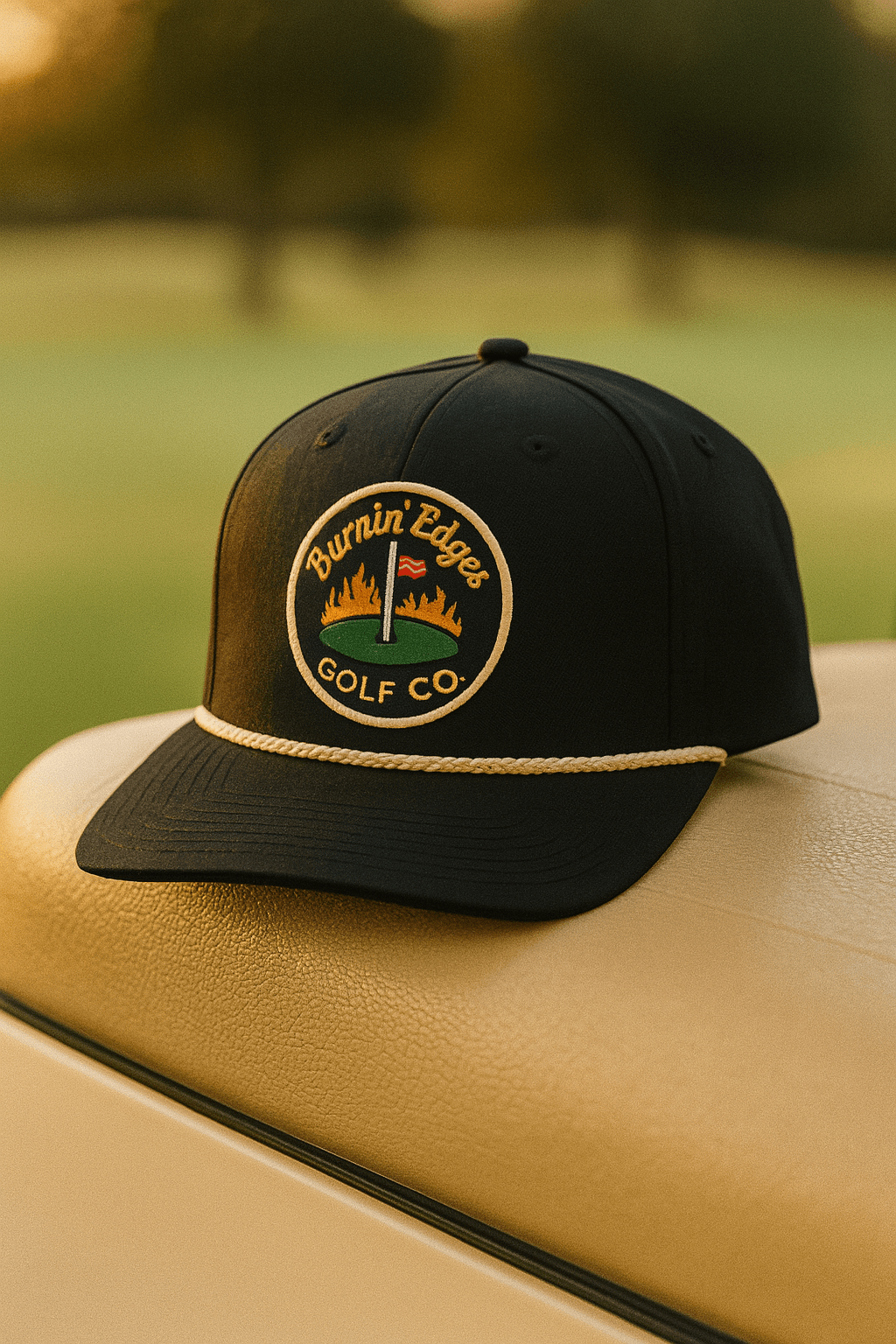 Burnin' Edges hat on golf cart